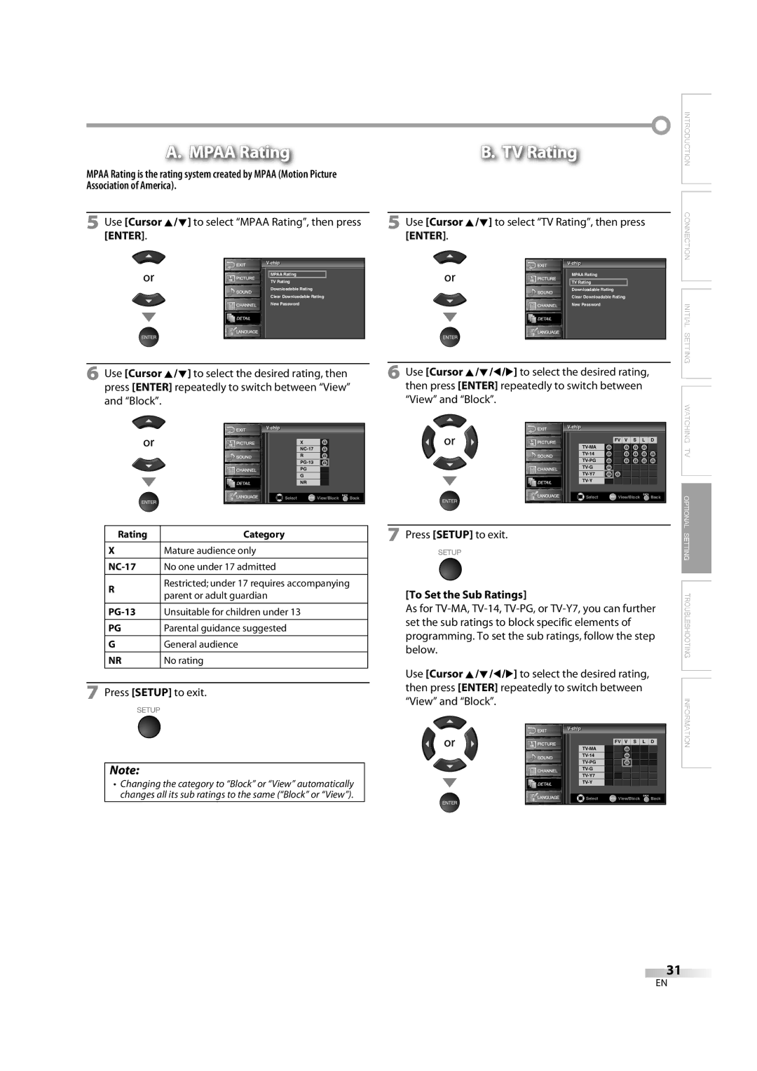 Sylvania LC370SS8M Association of America, Use Cursor K/L to select TV Rating, then press, To Set the Sub Ratings 