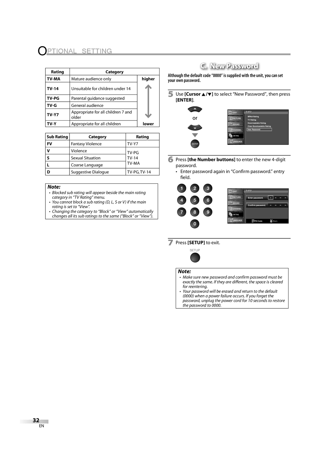 Sylvania LC370SS8M owner manual Use Cursor K/L to select New Password, then press Enter, TV-14, Category Rating 