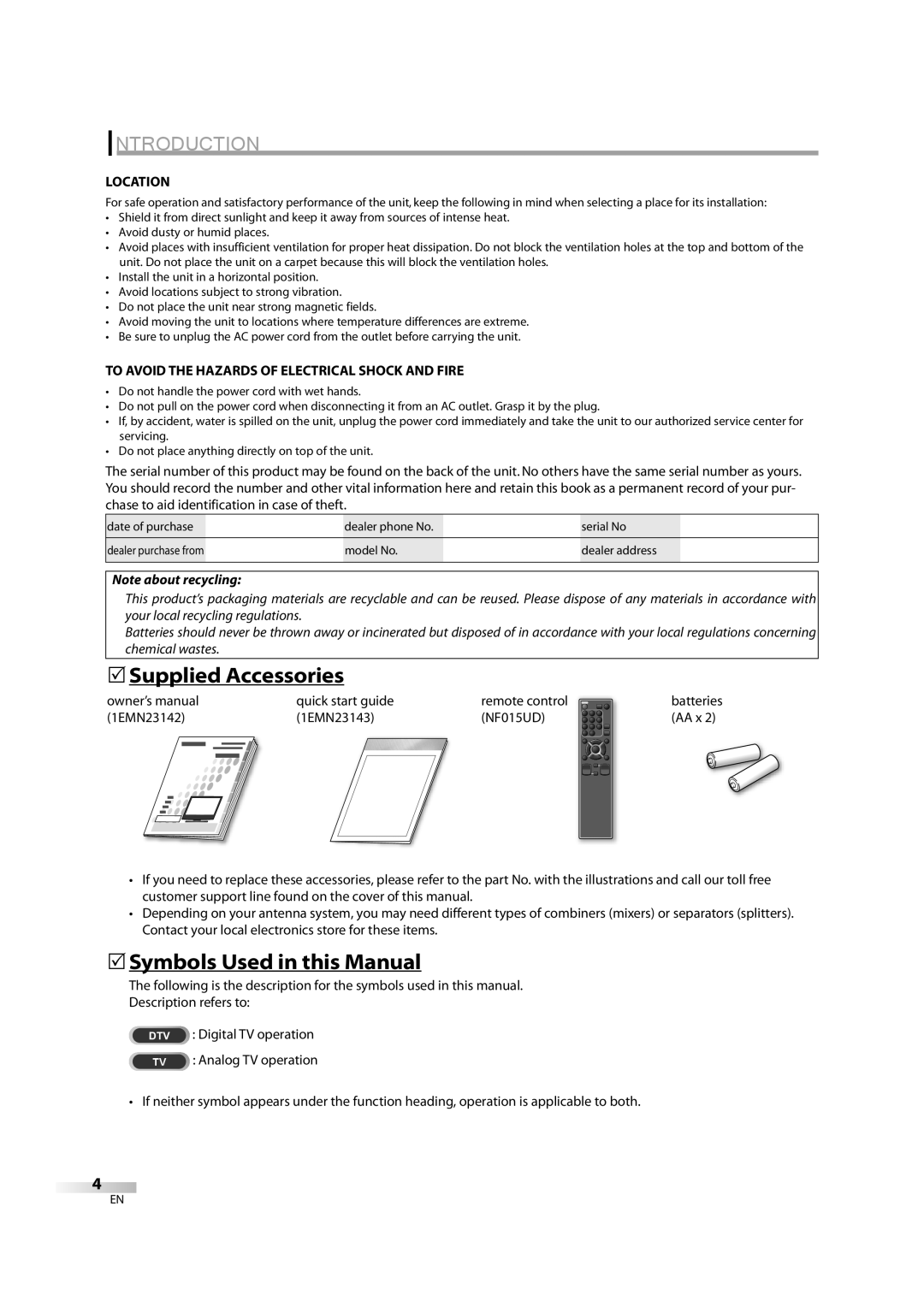 Sylvania LC370SS8M 5Supplied Accessories, 5Symbols Used in this Manual, Location, Quick start guide Remote control 