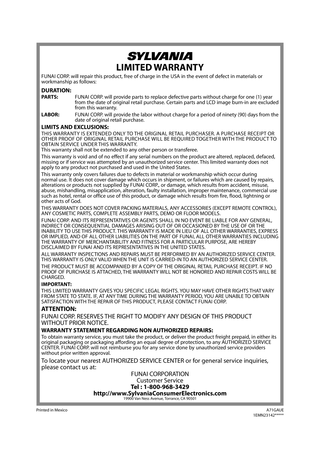 Sylvania LC370SS8M owner manual Limited Warranty 