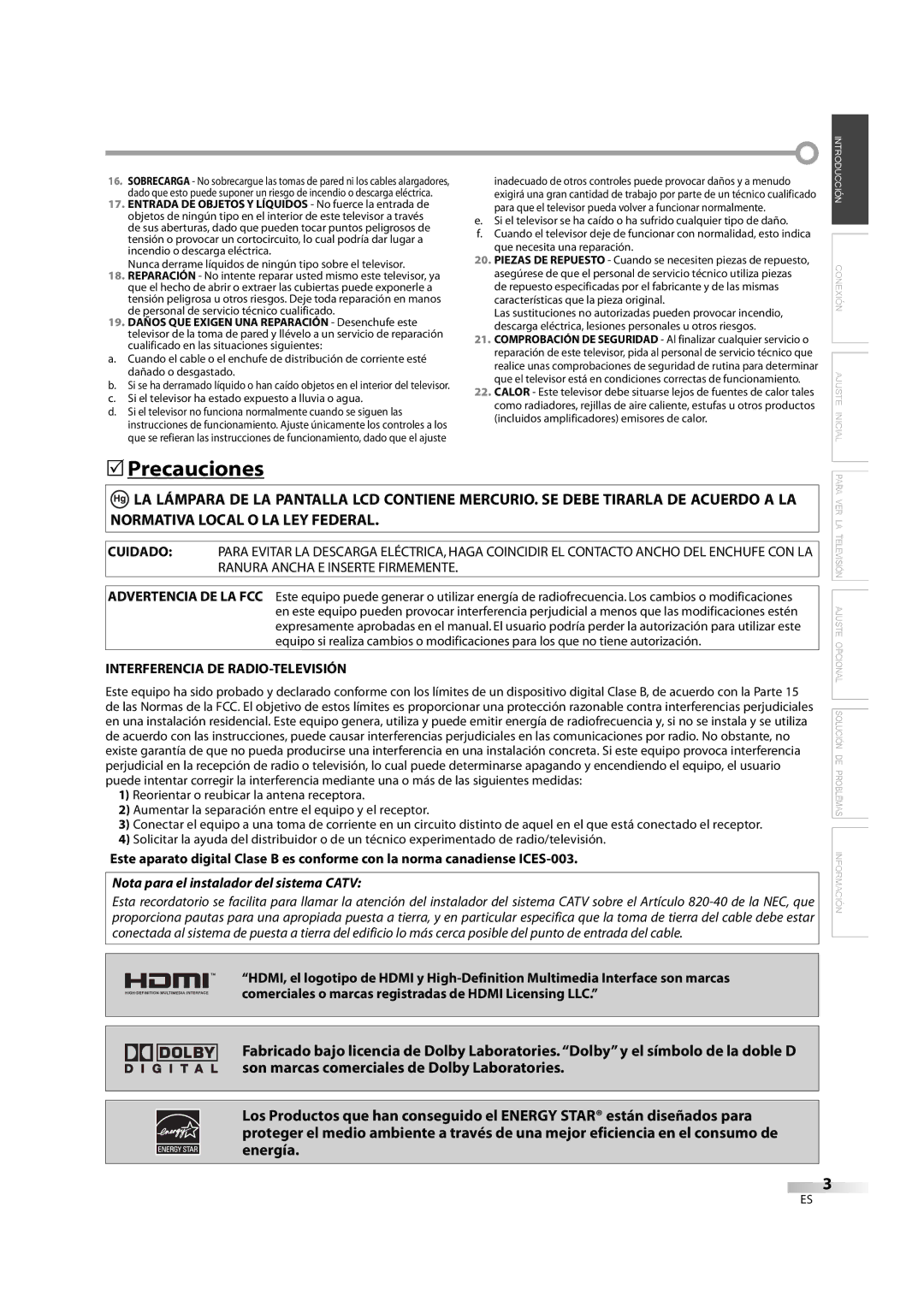 Sylvania LC370SS8M owner manual Precauciones, Interferencia DE RADIO-TELEVISIÓN 