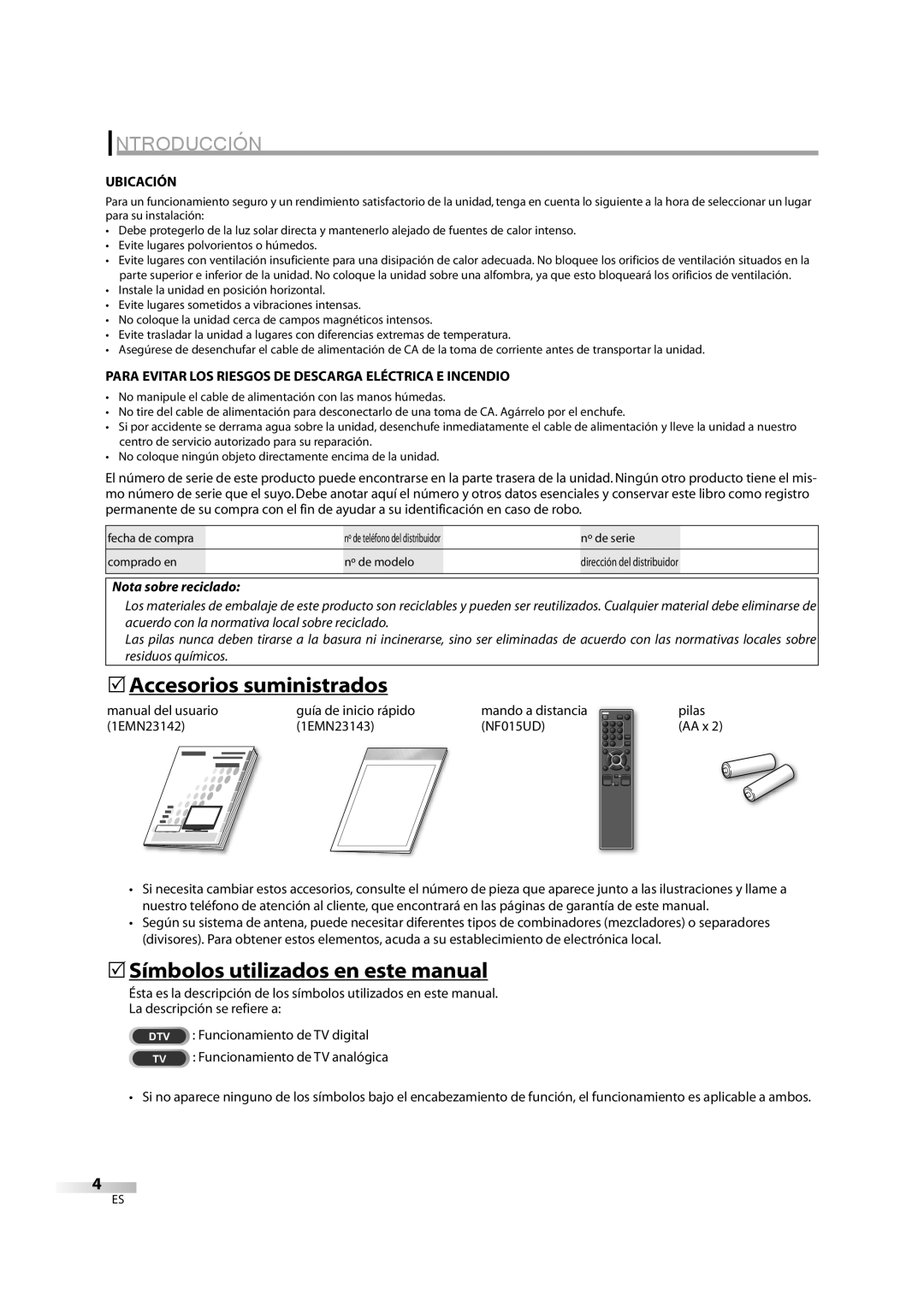 Sylvania LC370SS8M owner manual 5Accesorios suministrados, 5Símbolos utilizados en este manual, Ubicación 