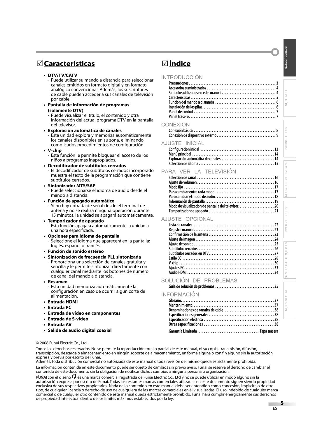 Sylvania LC370SS8M owner manual Características, Índice 