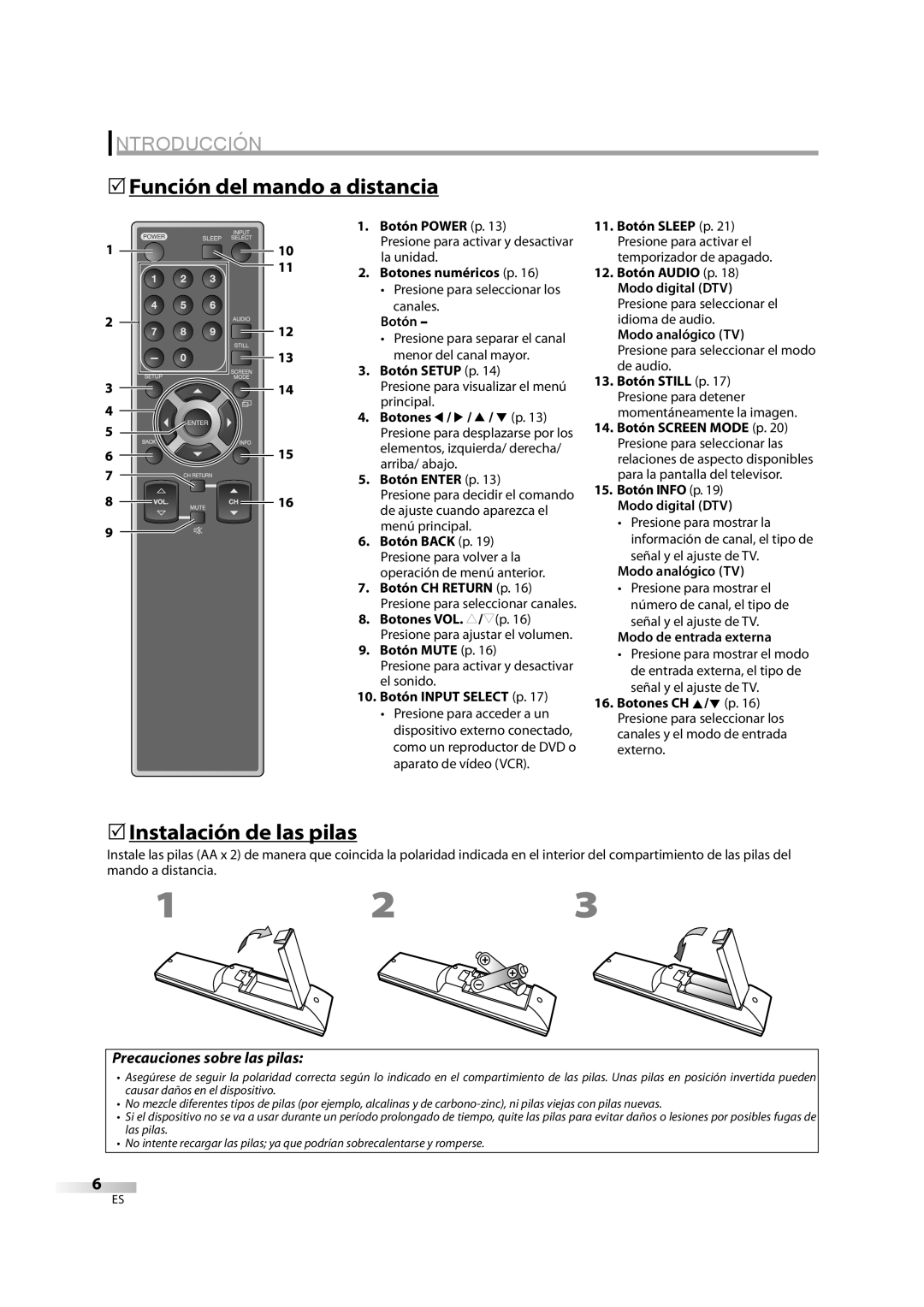 Sylvania LC370SS8M owner manual 5Función del mando a distancia, 5Instalación de las pilas 