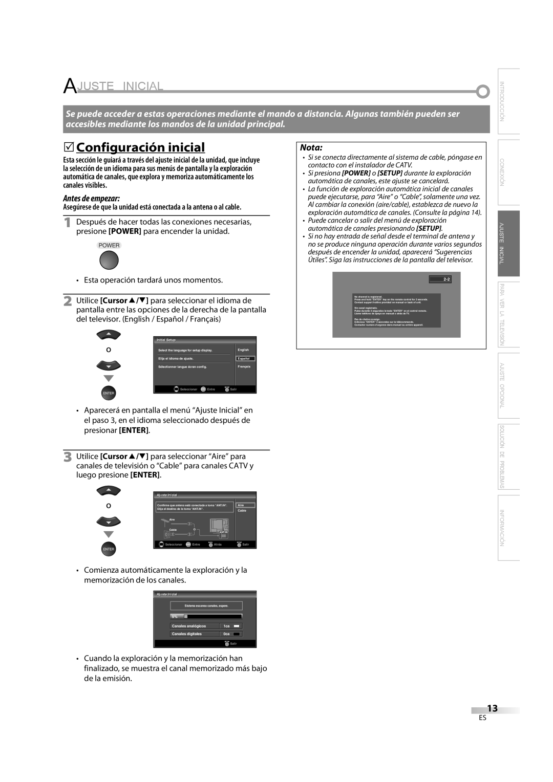 Sylvania LC370SS8M owner manual Ajuste Inicial, 5Configuración inicial, Esta operación tardará unos momentos 