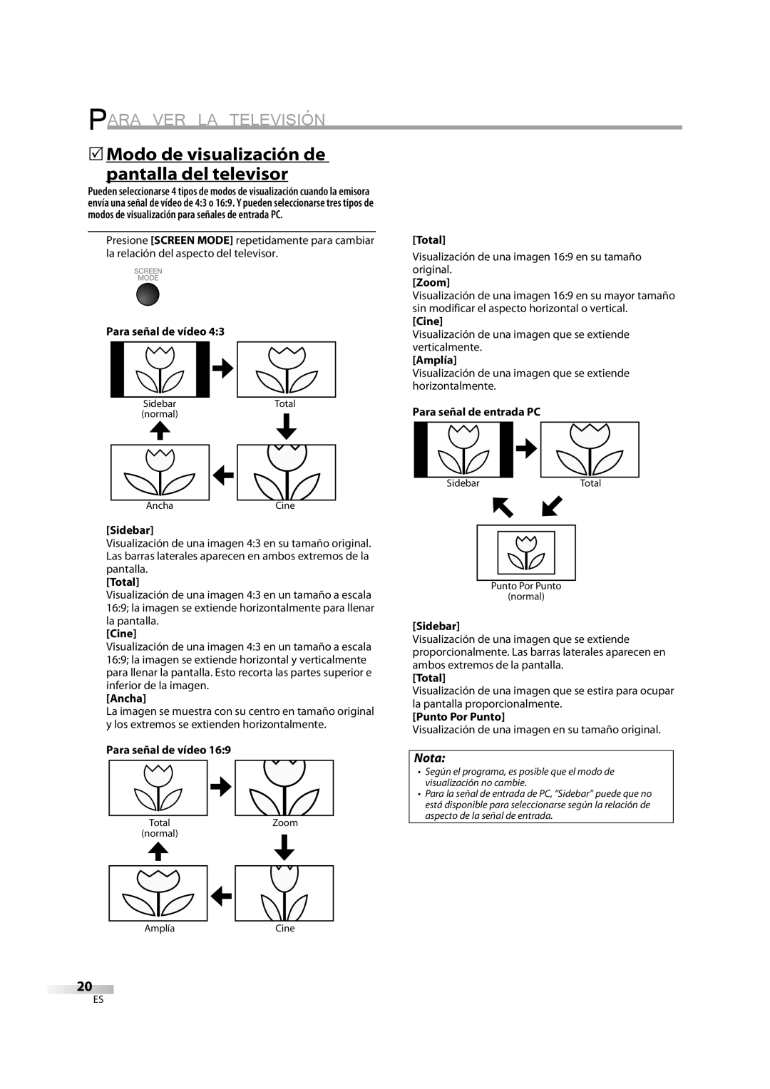 Sylvania LC370SS8M owner manual 5Modo de visualización de pantalla del televisor 