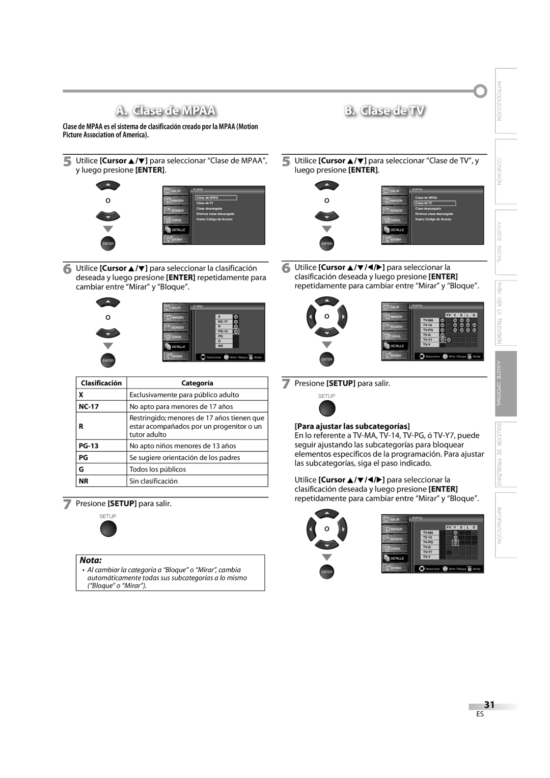 Sylvania LC370SS8M owner manual Para ajustar las subcategorías, Categoría, Exclusivamente para público adulto, Tutor adulto 