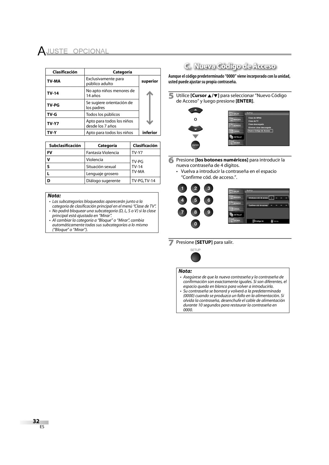 Sylvania LC370SS8M owner manual Nueva Código de Acceso, Clasificación 