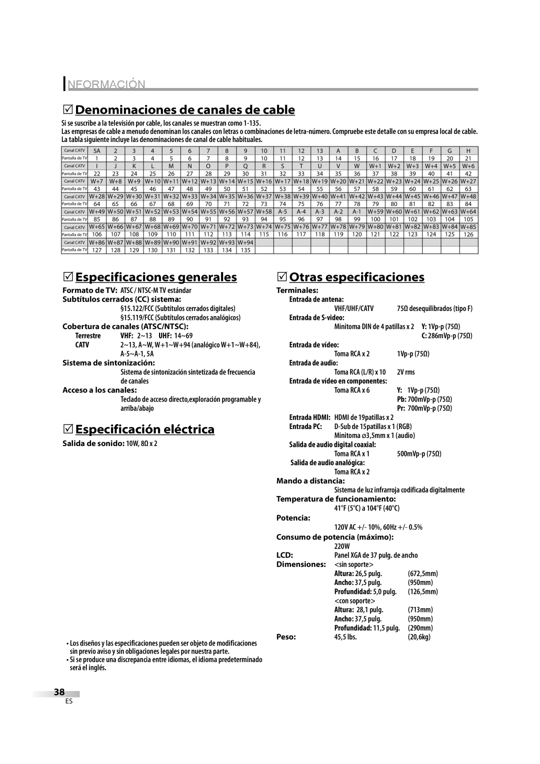 Sylvania LC370SS8M owner manual 5Denominaciones de canales de cable, 5Especificaciones generales, 5Especificación eléctrica 