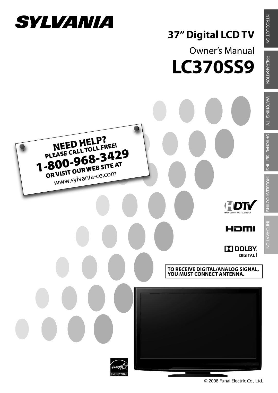 Sylvania LC370SS9 owner manual To Receive DIGITAL/ANALOG SIGNAL, YOU Must Connect Antenna 