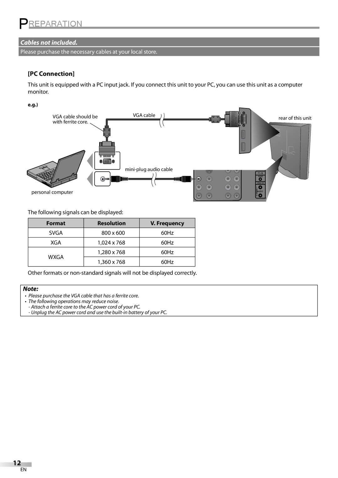 Sylvania LC370SS9 owner manual PC Connection, Format Resolution Frequency 