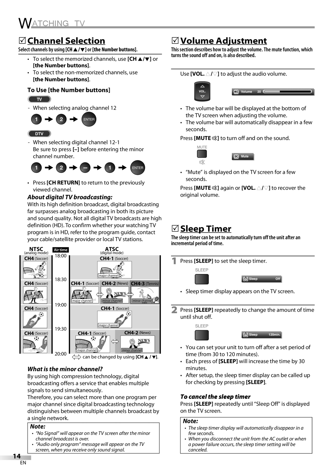 Sylvania LC370SS9 owner manual 5Channel Selection, 5Volume Adjustment, 5Sleep Timer 