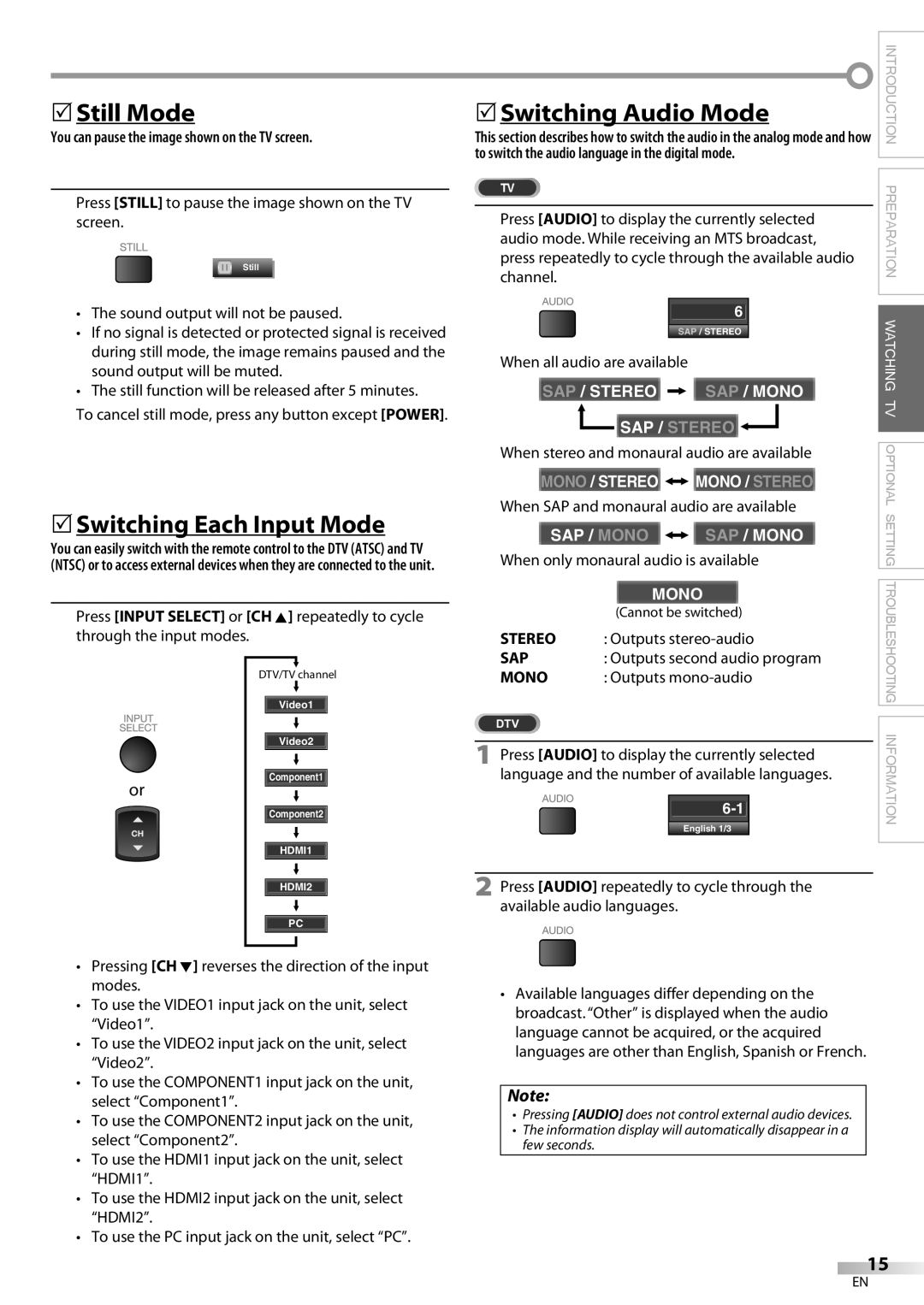 Sylvania LC370SS9 owner manual 5Still Mode, 5Switching Each Input Mode, 5Switching Audio Mode 