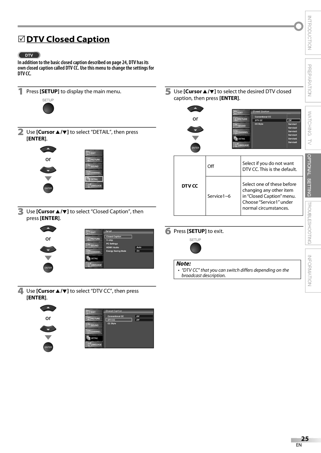 Sylvania LC370SS9 owner manual 5DTV Closed Caption, Dtv Cc, Use Cursor K/L to select DTV CC, then press Enter 