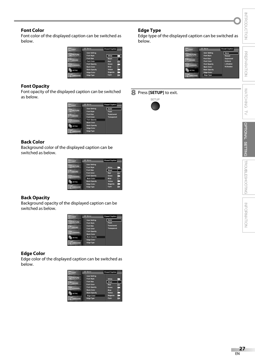 Sylvania LC370SS9 owner manual Font Color, Font Opacity, Back Color, Back Opacity, Edge Color, Edge Type 