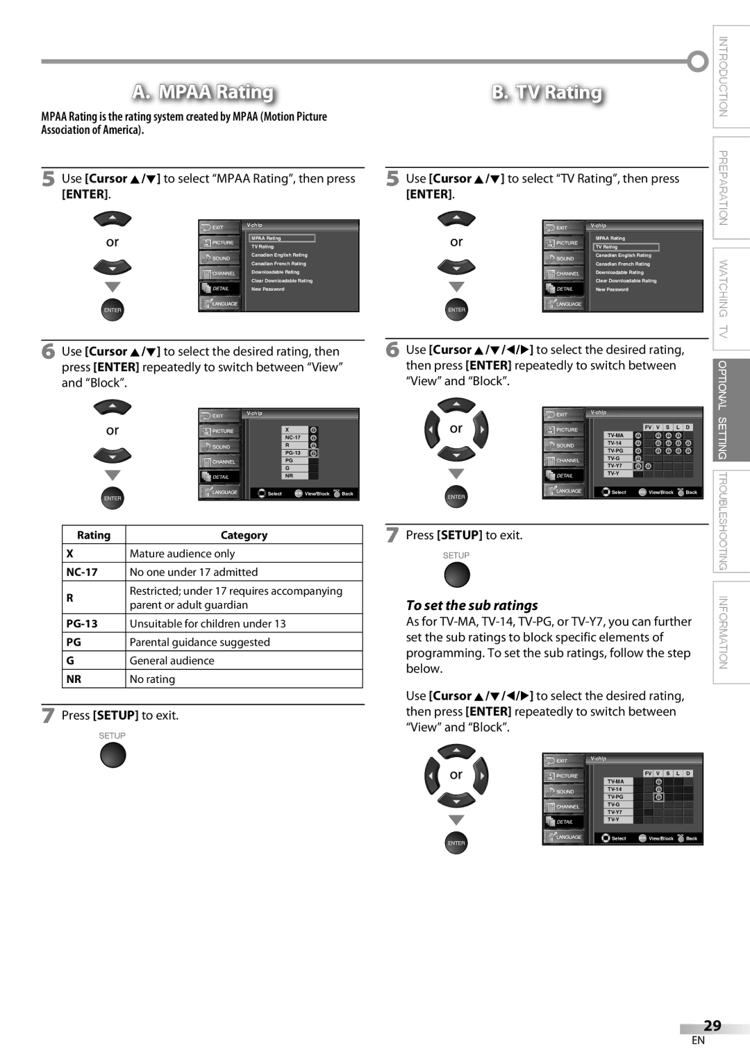 Sylvania LC370SS9 owner manual To set the sub ratings, Use Cursor K/L to select TV Rating, then press, NC-17, PG-13 