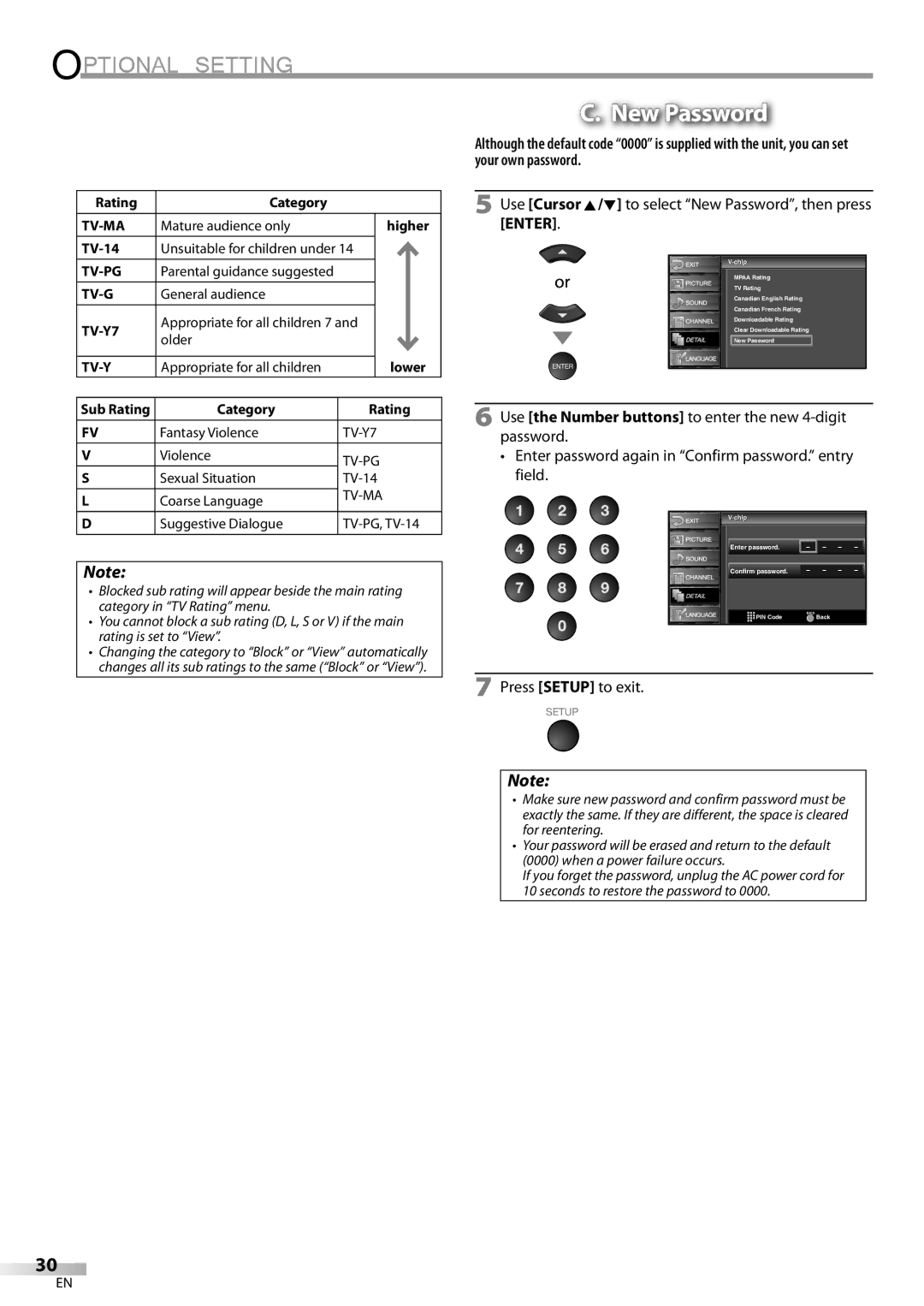 Sylvania LC370SS9 Use Cursor K/L to select New Password, then press Enter, Rating Category, TV-14, Category Rating 