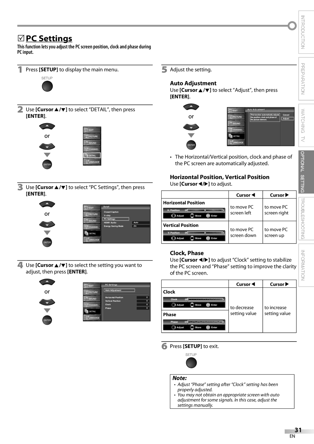 Sylvania LC370SS9 owner manual 5PC Settings, Auto Adjustment, Clock, Phase, Horizontal Position, Vertical Position 