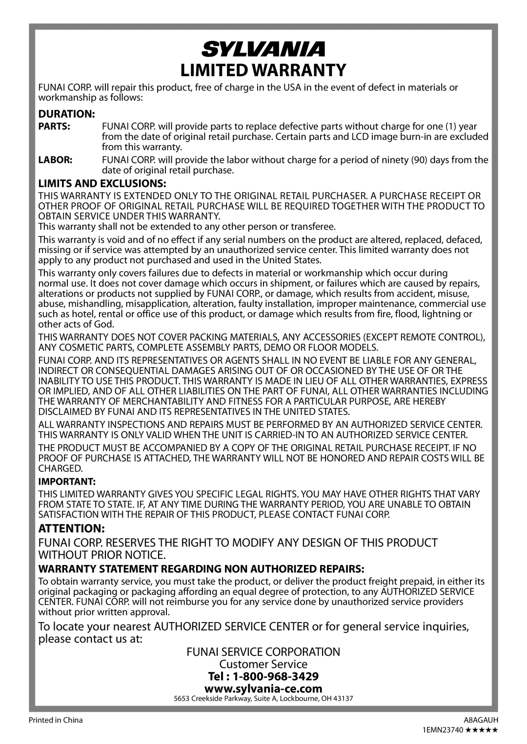 Sylvania LC370SS9 owner manual Limited Warranty, 1EMN23740 