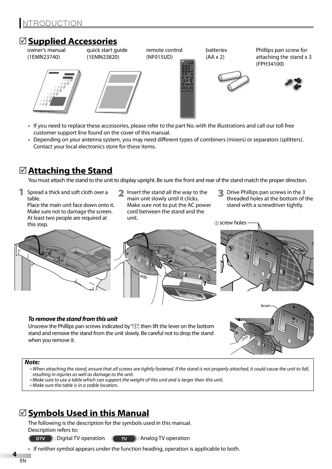 Sylvania LC370SS9 owner manual 5Supplied Accessories, 5Attaching the Stand, 5Symbols Used in this Manual 