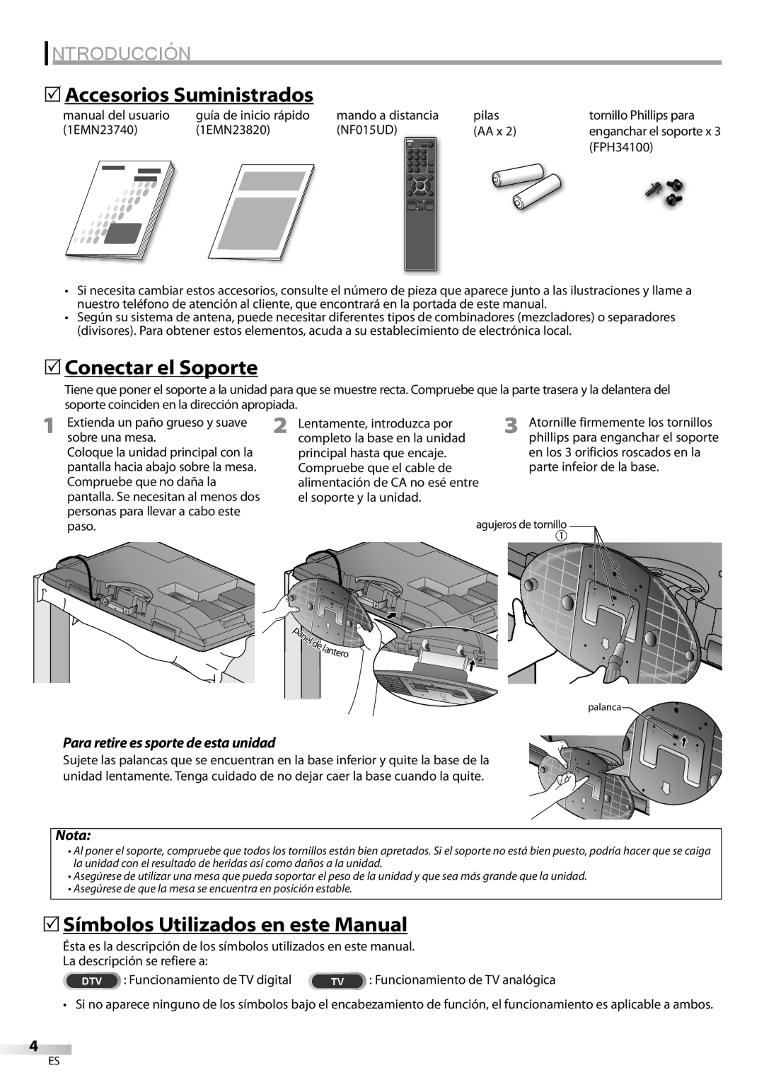 Sylvania LC370SS9 owner manual 5Accesorios Suministrados, 5Conectar el Soporte, 5Símbolos Utilizados en este Manual, Nota 