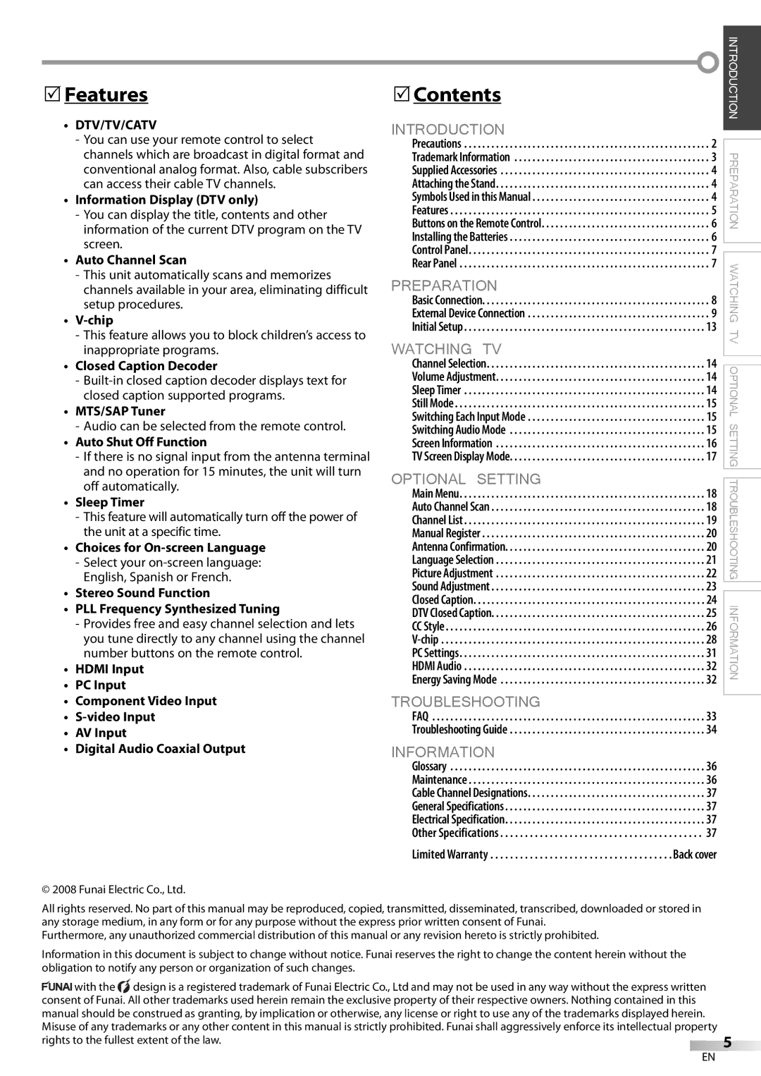 Sylvania LC370SS9 owner manual Features, Contents, Dtv/Tv/Catv 