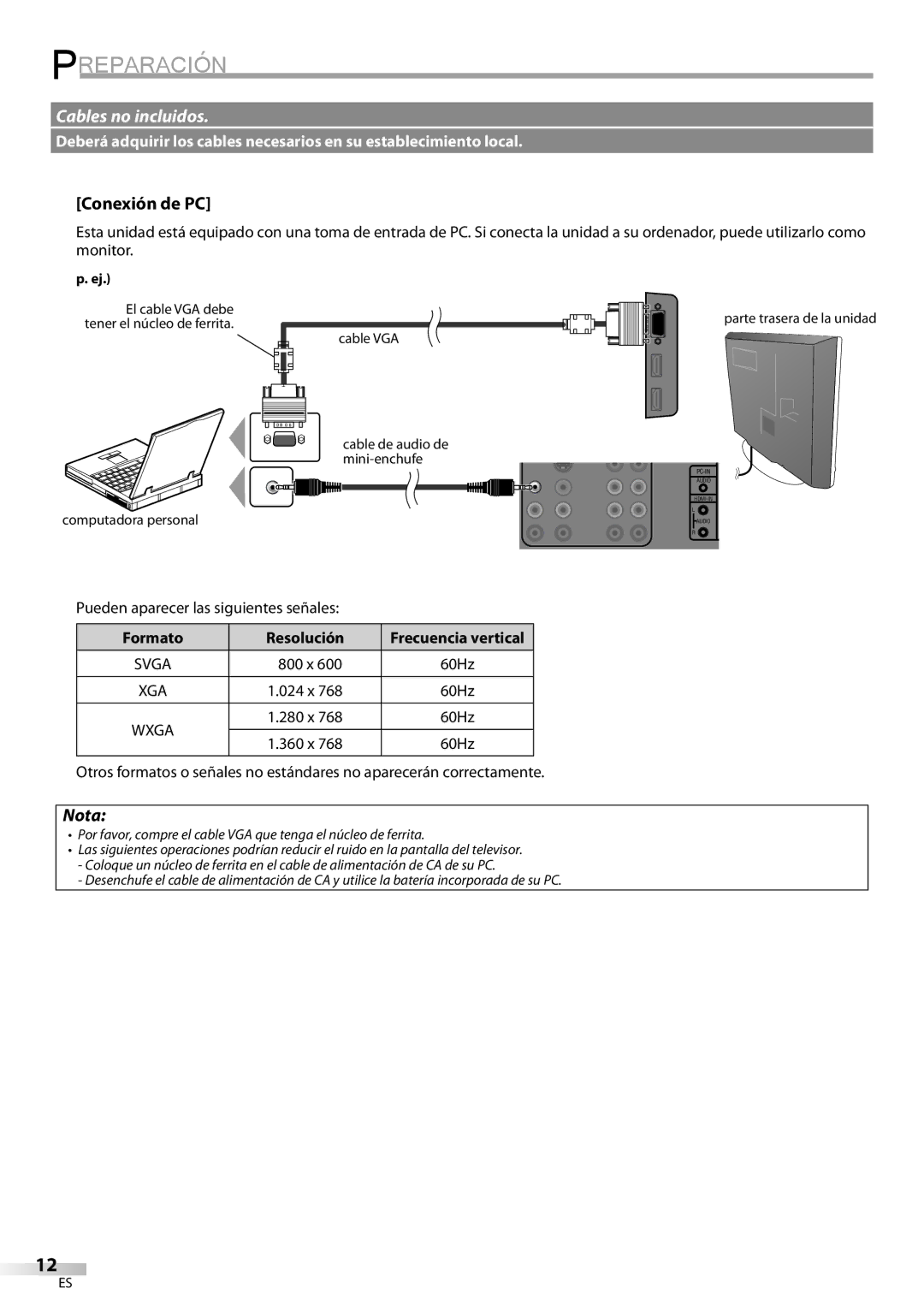 Sylvania LC370SS9 Conexión de PC, Pueden aparecer las siguientes señales, Formato Resolución, Frecuencia vertical 