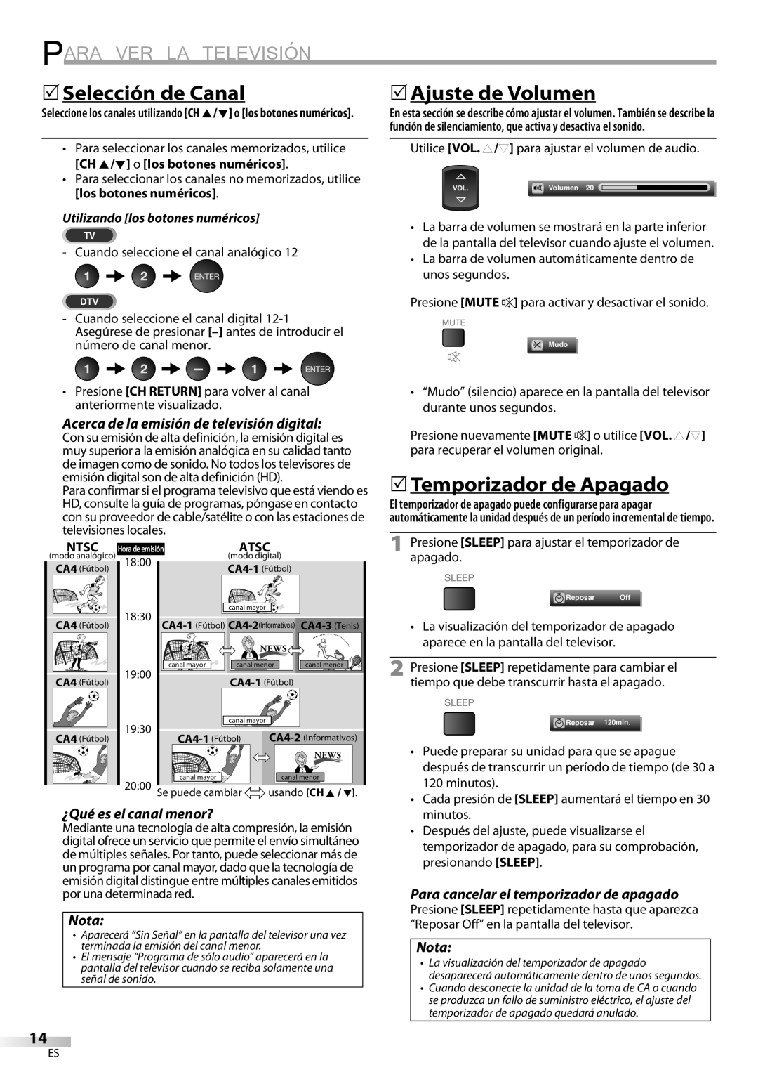 Sylvania LC370SS9 owner manual 5Selección de Canal, 5Ajuste de Volumen, 5Temporizador de Apagado 