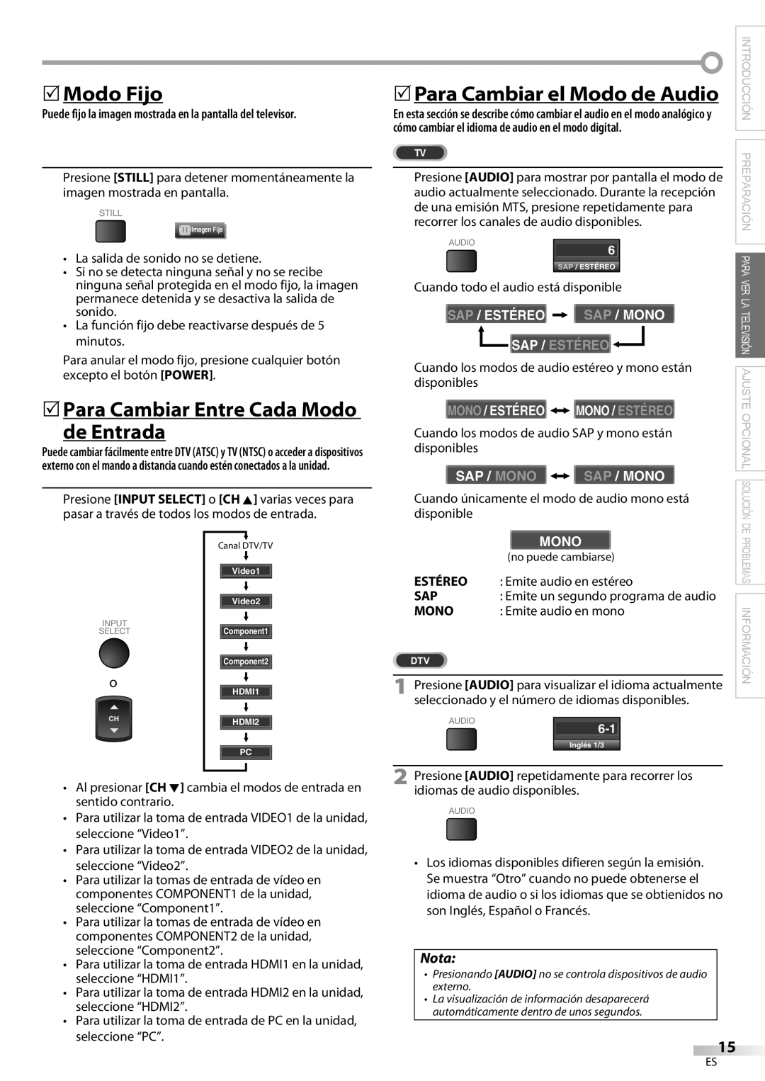 Sylvania LC370SS9 5Modo Fijo, 5Para Cambiar Entre Cada Modo de Entrada, Cómo cambiar el idioma de audio en el modo digital 