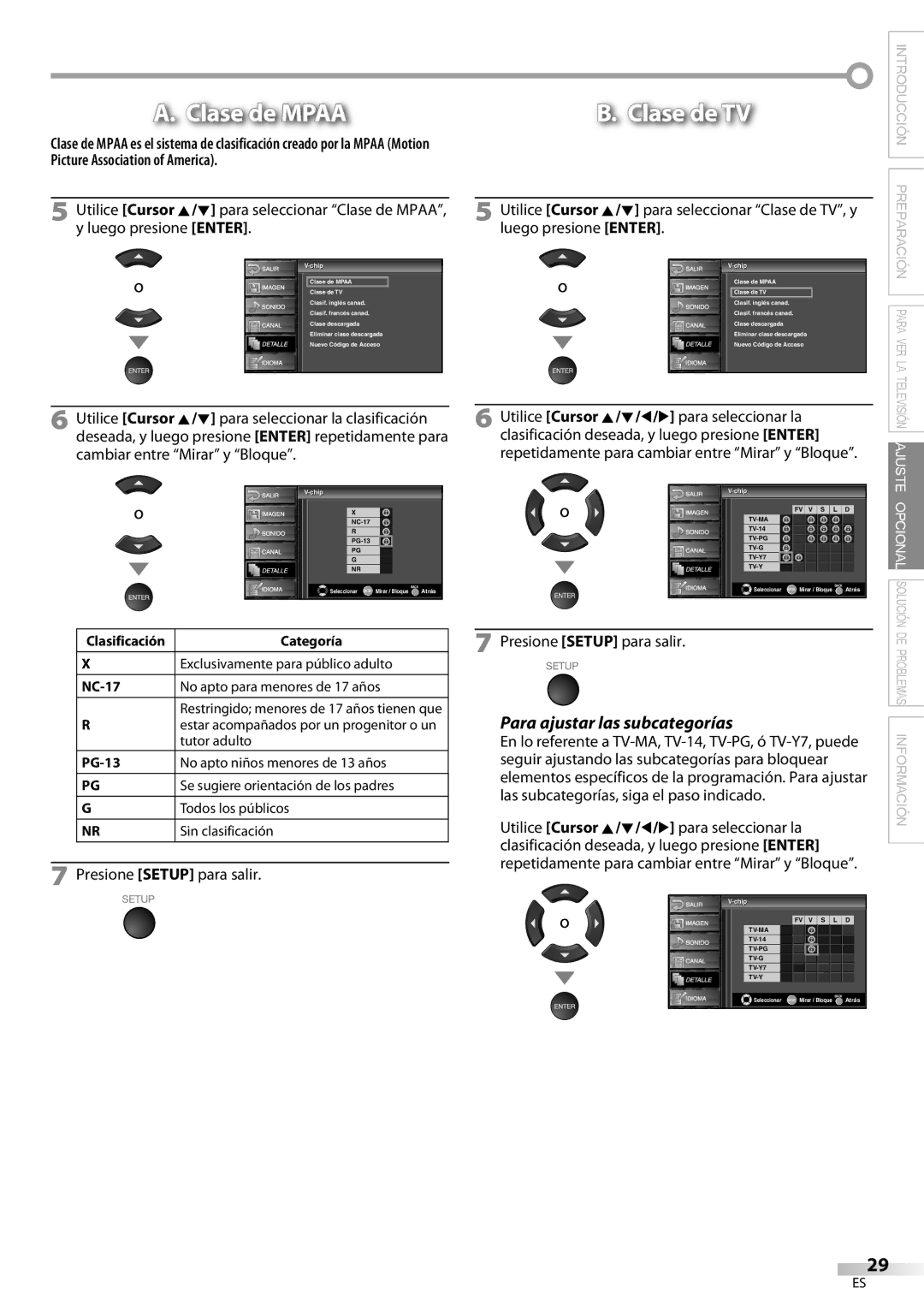 Sylvania LC370SS9 Para ajustar las subcategorías, Utilice Cursor K/L/s/B para seleccionar la, Cambiar entre Mirar y Bloque 