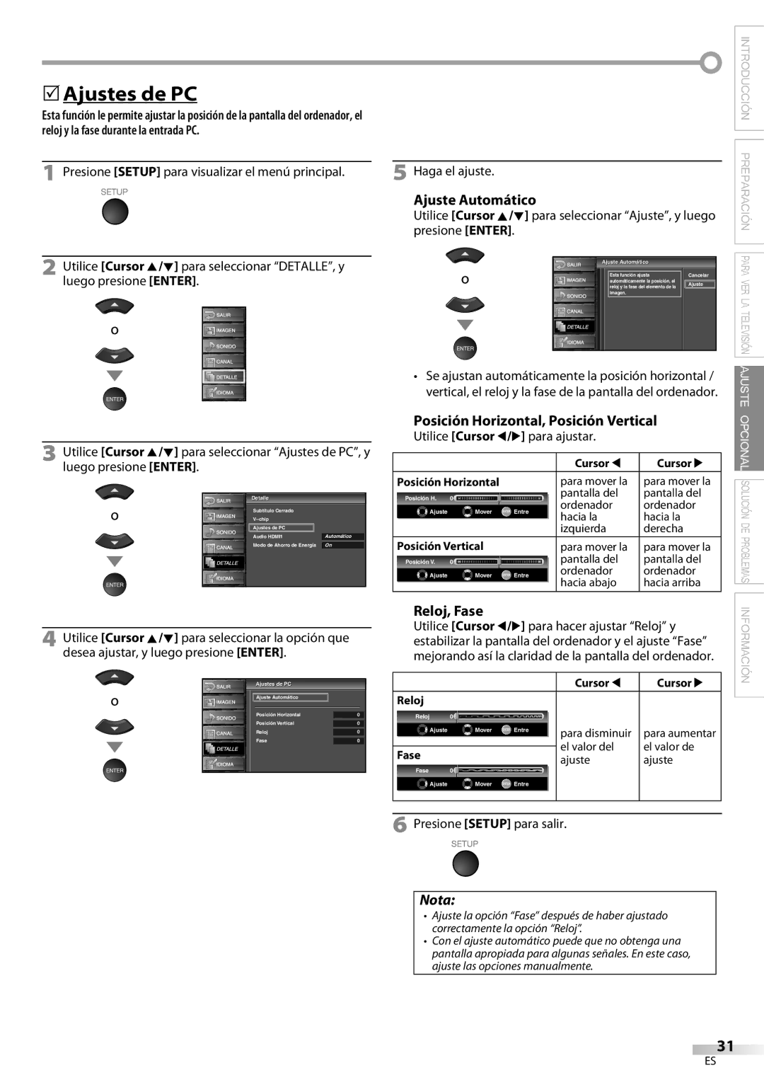 Sylvania LC370SS9 5Ajustes de PC, Ajuste Automático, Posición Horizontal, Posición Vertical, Reloj, Fase, Haga el ajuste 