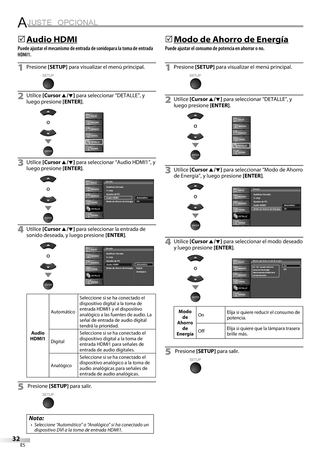 Sylvania LC370SS9 owner manual 5Audio Hdmi, Puede ajustar el consumo de potencia en ahorrar o no, Luego presione Enter 