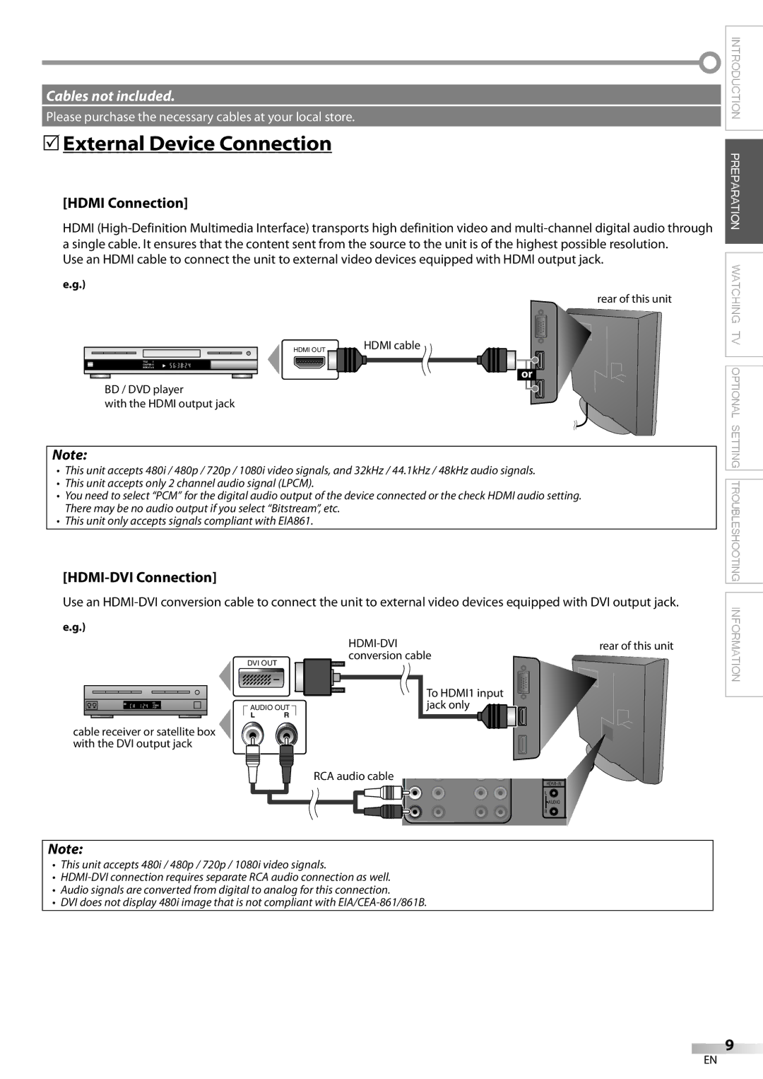 Sylvania LC370SS9 owner manual 5External Device Connection, Hdmi Connection, HDMI-DVI Connection 