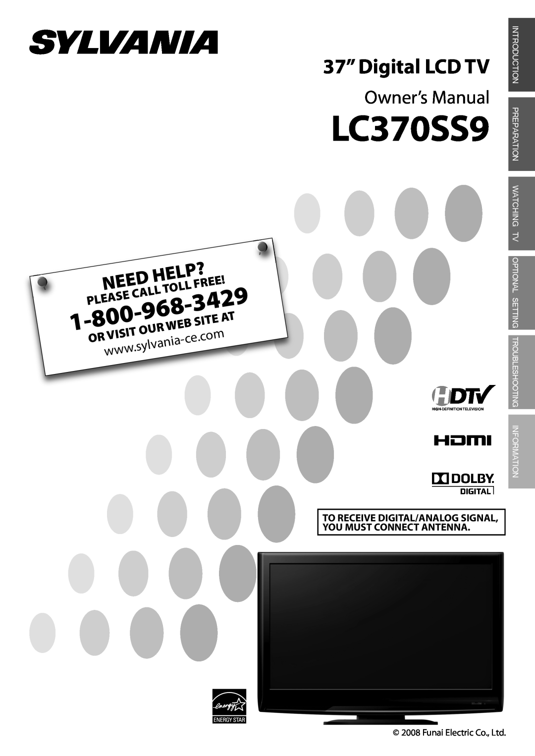 Sylvania LC370SS9 owner manual 3429, sylvania, Free, Visit, 37” Digital LCD TV, Owner’s Manual, Need, Help?, Call, Site 