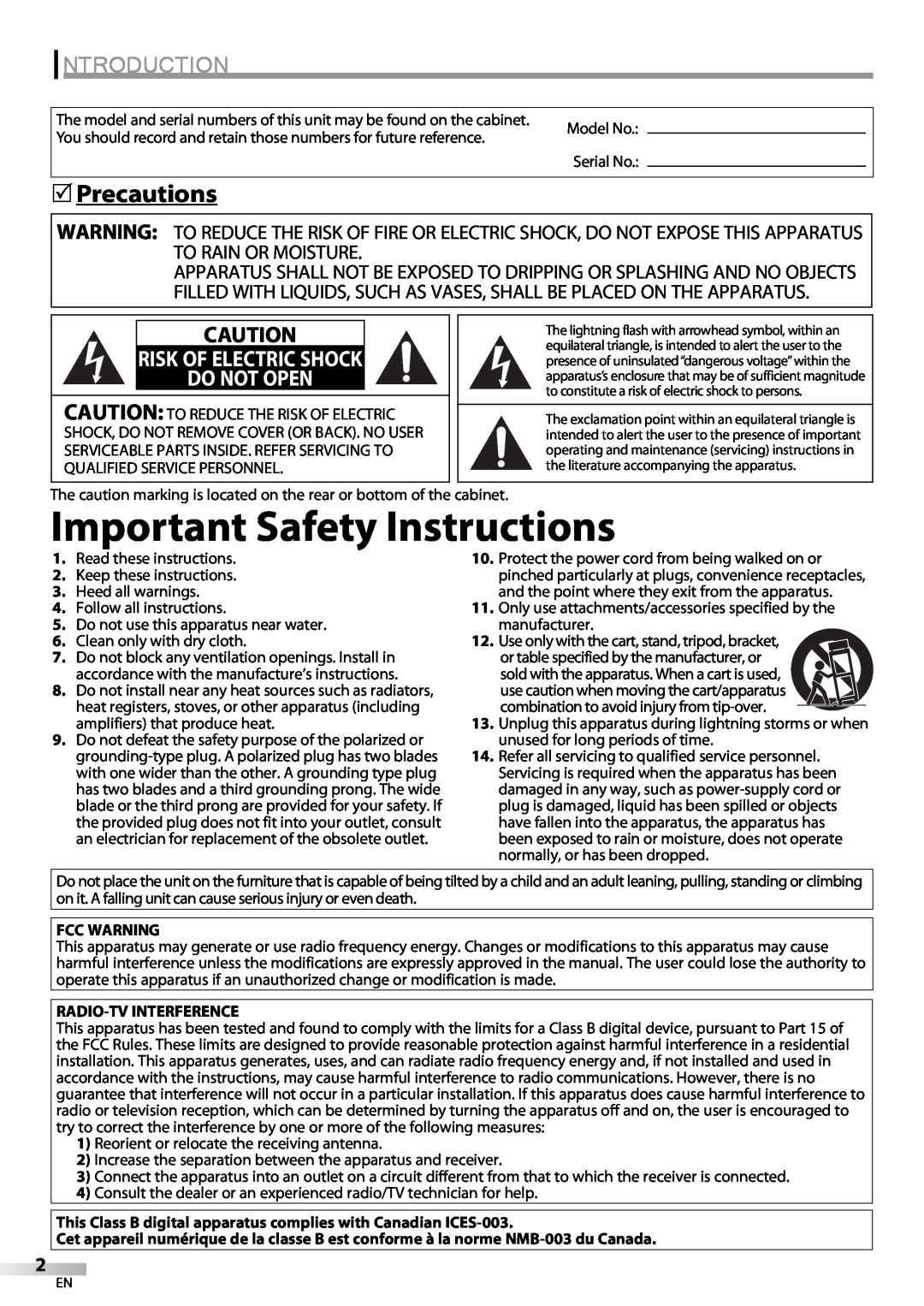 Sylvania LC370SS9 Important Safety Instructions, Introduction, Precautions, Do Not Open, Risk Of Electric Shock 