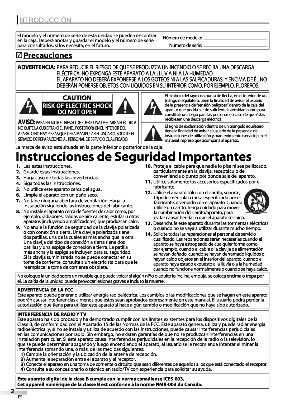Sylvania LC370SS9 Instrucciones de Seguridad Importantes, Introducción, Precauciones, Do Not Open, Risk Of Electric Shock 