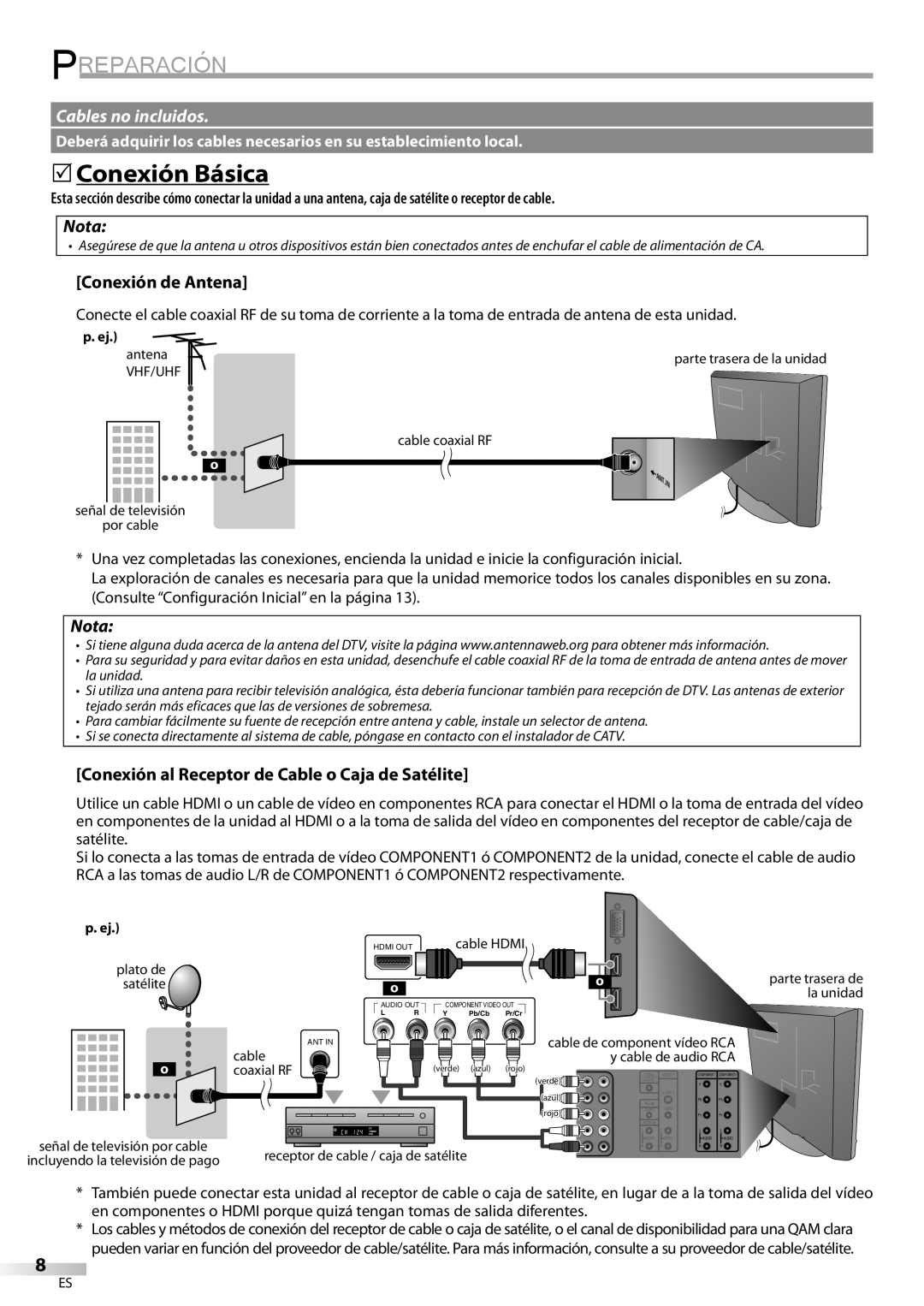 Sylvania LC370SS9 owner manual Preparación, 5Conexión Básica, Cables no incluidos, Nota, Conexión de Antena 