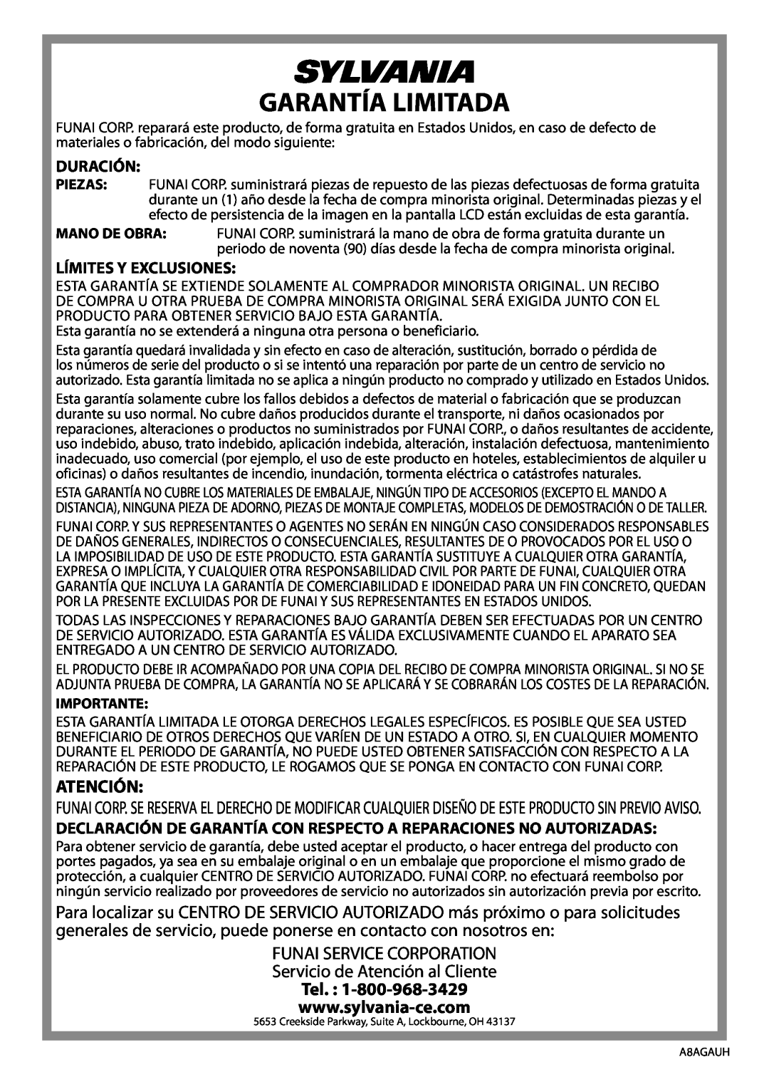 Sylvania LC370SS9 owner manual Garantía Limitada, Atención, Duración, Límites Y Exclusiones, Importante 