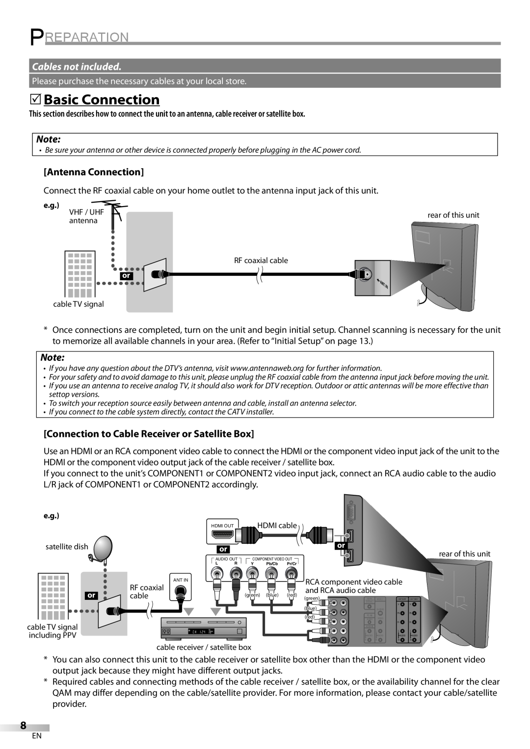 Sylvania LC370SS9 owner manual Preparation, 5Basic Connection, Cables not included, Antenna Connection 