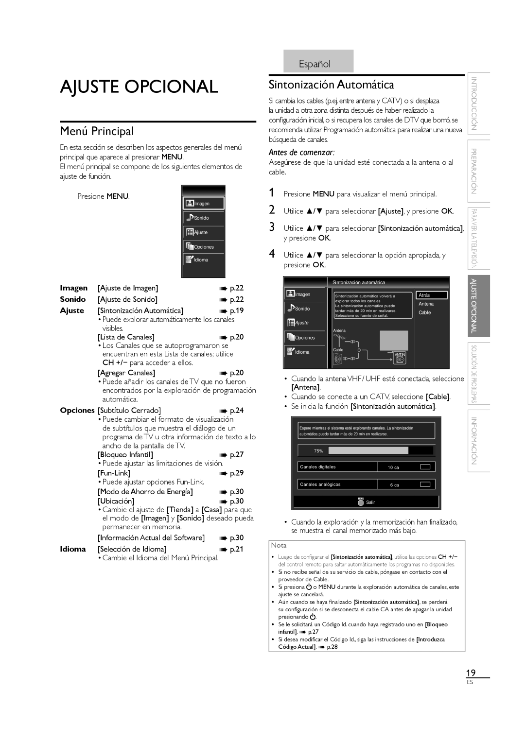 Sylvania A01PDUH, LC407SS1 owner manual Ajuste Opcional, Menú Principal, Sintonización Automática 