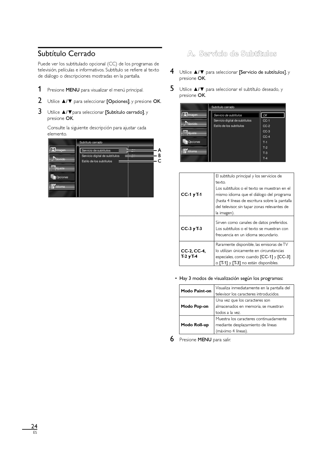 Sylvania LC407SS1, A01PDUH Subtítulo Cerrado, Servicio de Subtítulos, Hay 3 modos de visualización según los programas 