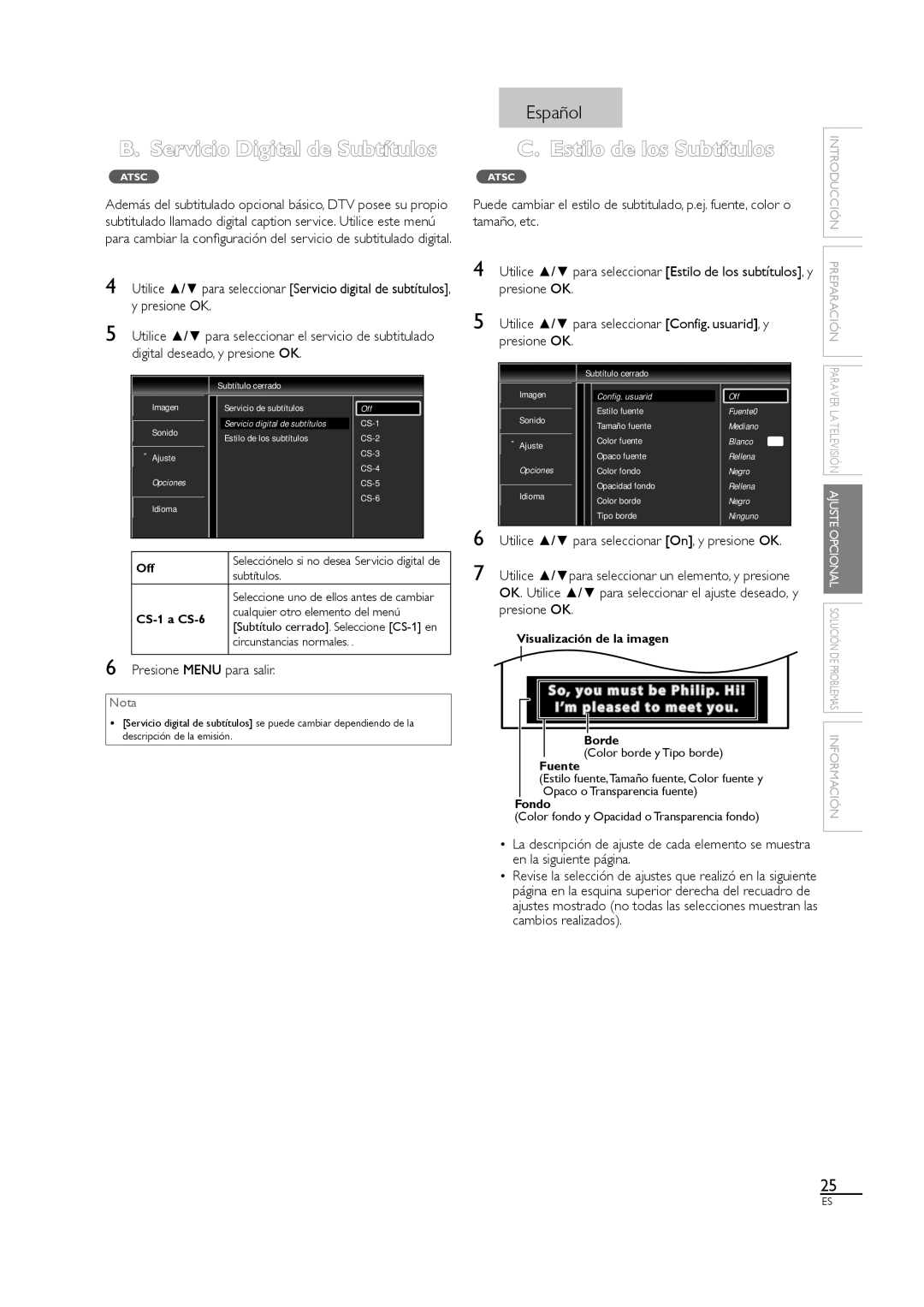 Sylvania A01PDUH, LC407SS1 owner manual Servicio Digital de Subtítulos, Estilo de los Subtítulos, Tamaño, etc 