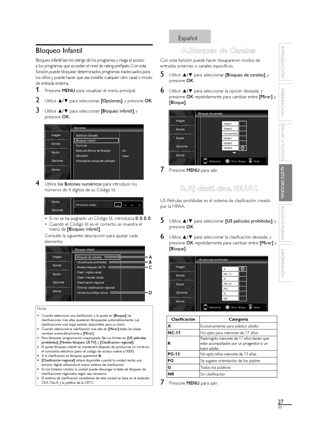 Sylvania A01PDUH, LC407SS1 owner manual Bloqueo Infantil, Bloqueo de Canales, Aj clasif. cine. EE.UU 