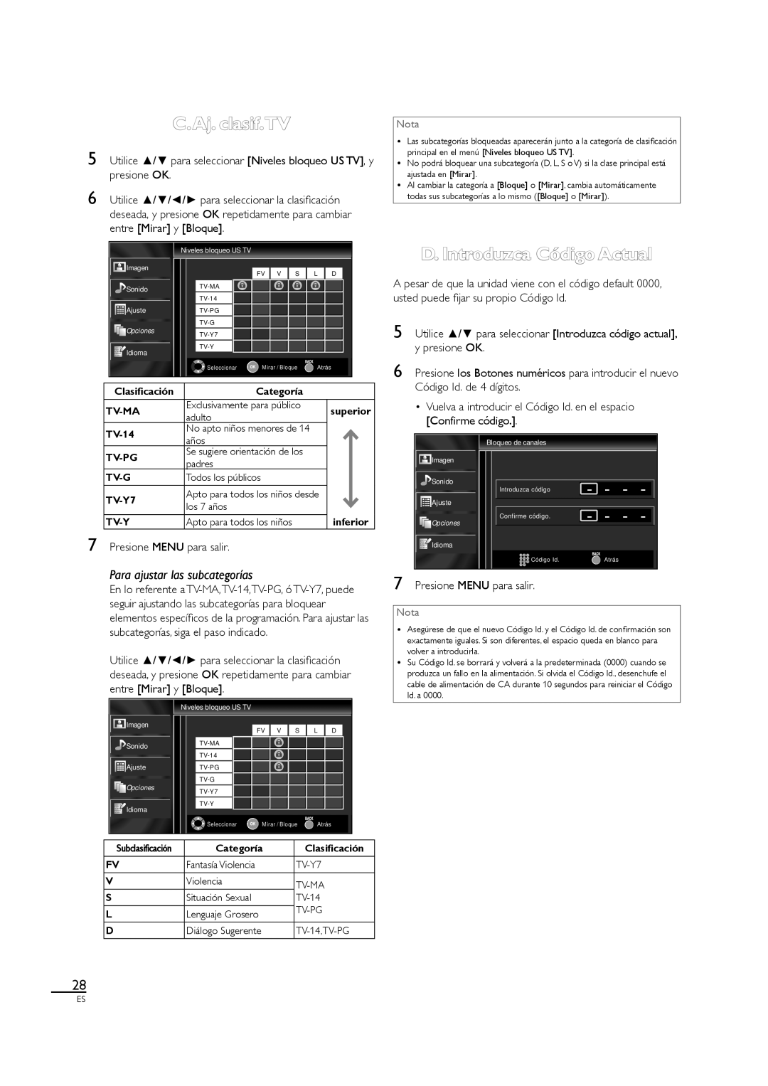 Sylvania LC407SS1, A01PDUH owner manual Aj. clasif.TV, Introduzca Código Actual 