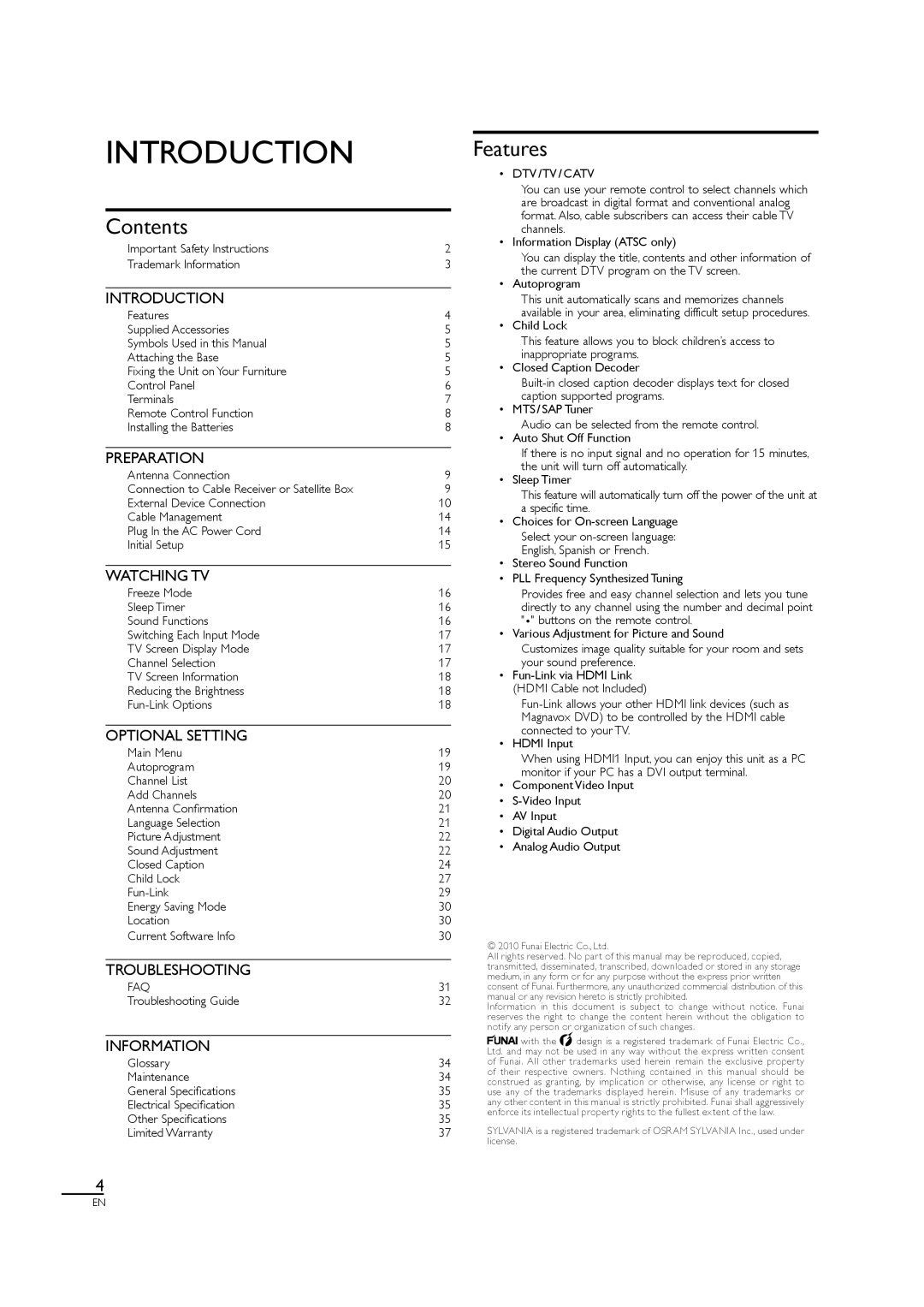 Sylvania LC407SS1, A01PDUH owner manual Introduction, Contents, Features 