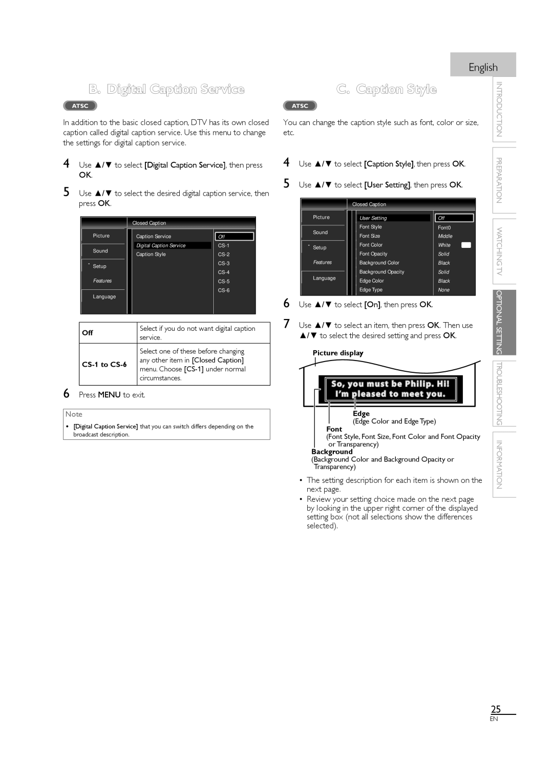 Sylvania A01PDUH, LC407SS1 owner manual Digital Caption Service, Caption Style, Use / to select On, then press OK 