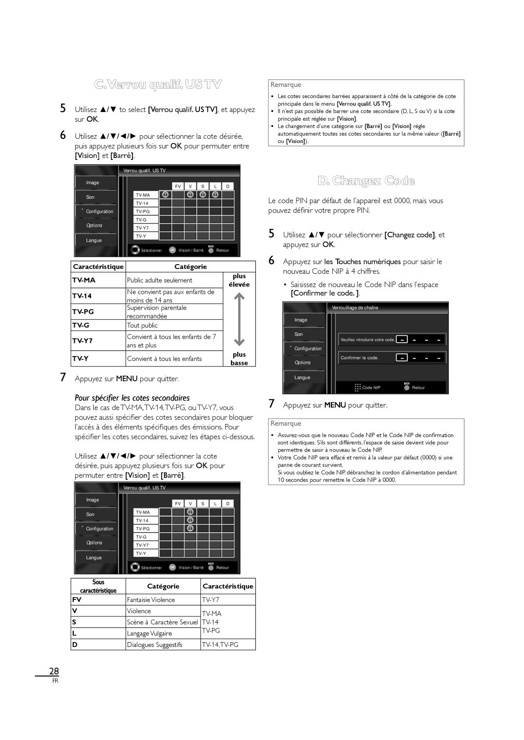 Sylvania A01PDUH, LC407SS1 owner manual Verrou qualif. US TV, Changez Code, Appuyez sur pour quitter 