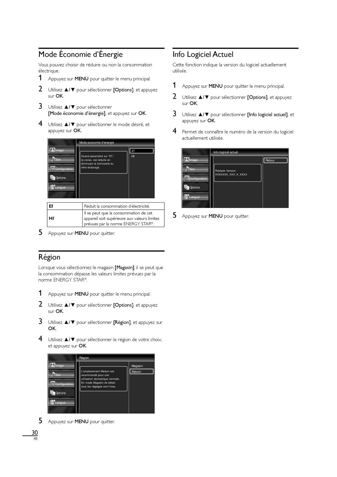 Sylvania A01PDUH, LC407SS1 owner manual Mode Économie d’Énergie, Info Logiciel Actuel, Région 