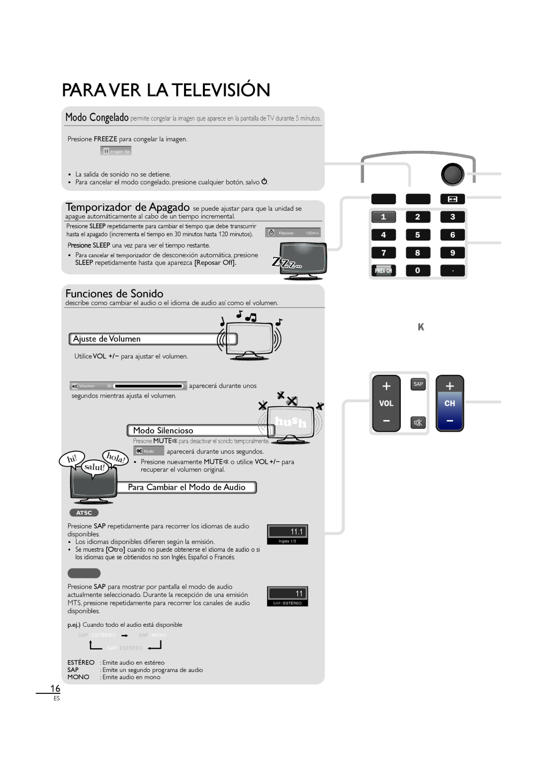 Sylvania LC407SS1, A01PDUH Para VER LA Televisión, Ajuste de Volumen, Modo Silencioso, Para Cambiar el Modo de Audio 