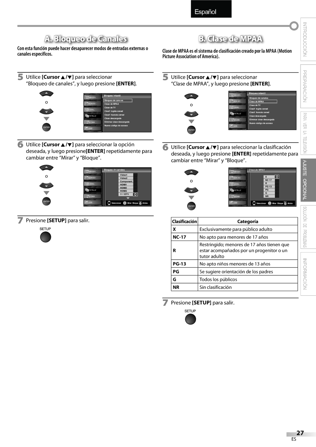 Sylvania LC427SSX owner manual Bloqueo de Canales, Clase de Mpaa, Utilice Cursor K/L para seleccionar la opción, Categoría 